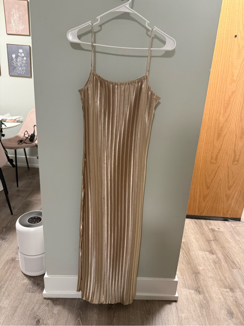 Petal & Pup Metallic Gold Pleated Maxi Slip Dress